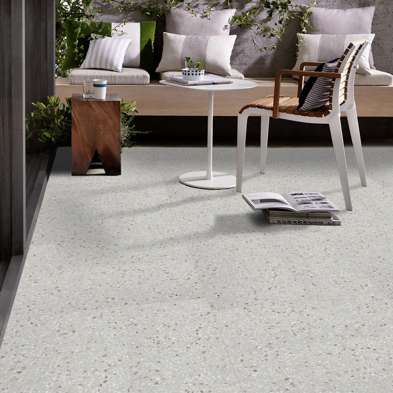 White and Beige Polished 24x24 Real Terrazzo Tile, White/Black
