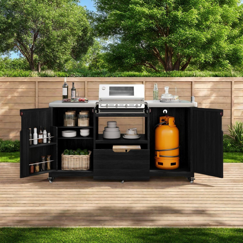 66.5" Outdoor Kitchen Island for Big Green Egg Grills, Grill Cart with Stainless Steel Top and Drawer, Black