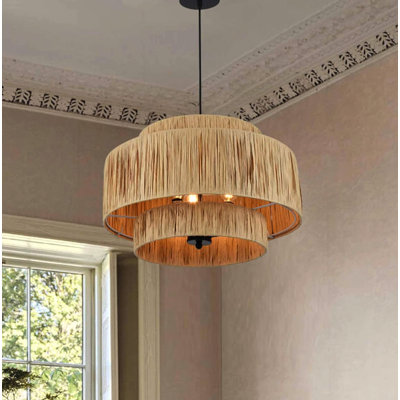 3-Light Boho Farmhouse Hanging Chandelier with 3-Tier Hand-Woven Raffia Shade, Natural and Black