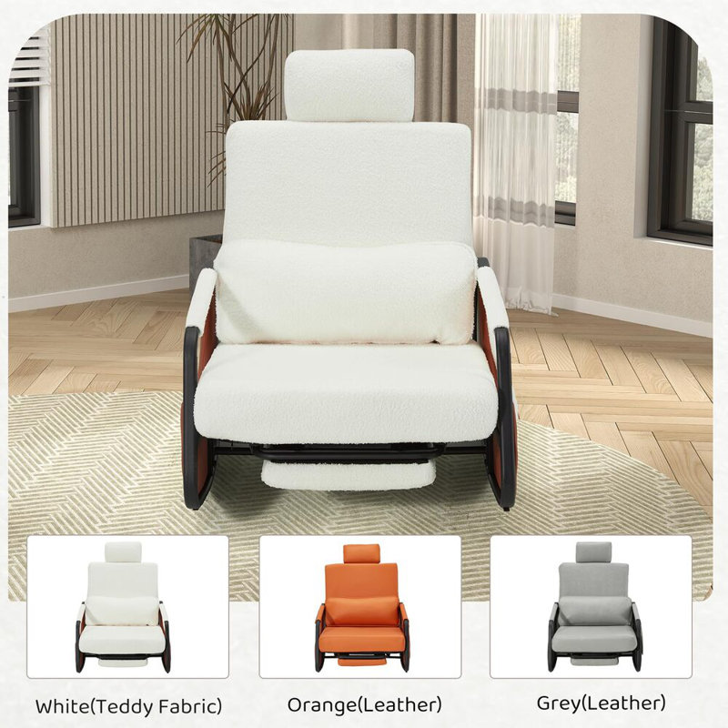 Rocking Chair With Retractable Footrest And Adjustable Backrest, White 