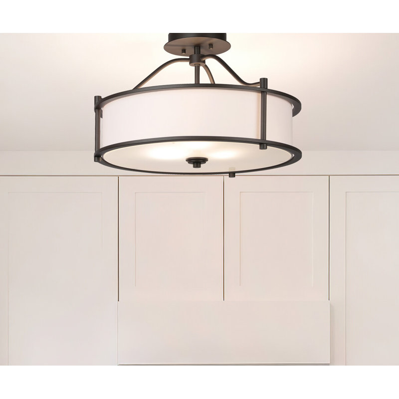 Semi Flush Mount 18 Inch 3 Light Close To Ceiling Light With Fabric Shade And Glass Diffuser, Drum, Dark Bronze