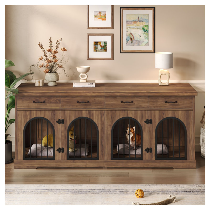 Meuble de cage de 180 cm (70,8 po) avec séparateur amovible, 4 tiroirs de rangement et 4 portes, table d'appoint pour niche intérieure pour chiens moyens et petits, brun