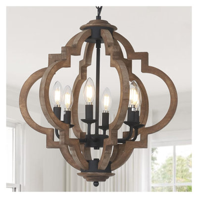 6-Light Farmhouse Chandelier with Wood & Black Metal for Dining Room