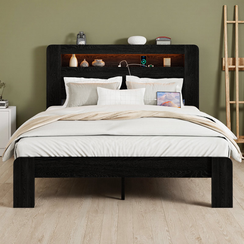 Lit plateforme double pleine grandeur avec tête de lit éclairée à DEL et ports USB - Silencieux, espace sous le lit de 18 po, assemblage sans outil en 30 minutes