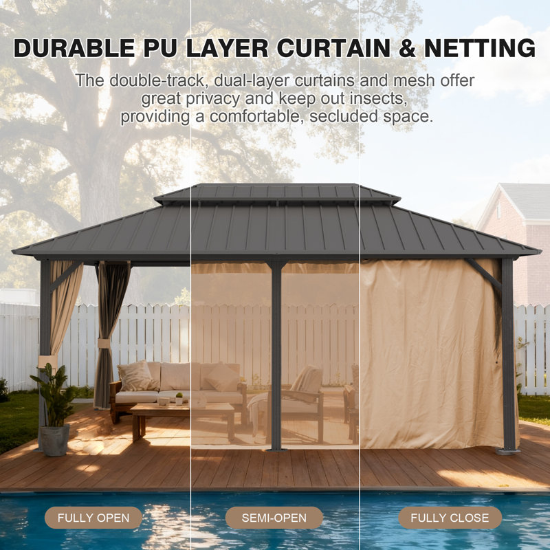  Outdoor Patio Gazebo, Hardtop Gazebo with Galvanized Steel Roof & Aluminum Frame,Heavy Duty Permanent Pavilion with Netting & Curtains for Patio, Lawn, Deck