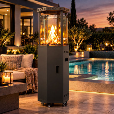41,000 BTU Hexagon Outdoor Patio Heater, 360° Clear Tempered Glass Tower Heater with 4.4 lbs Lava Rocks, Rolling Casters & 45° Tilt Safety Shut-Off, Black