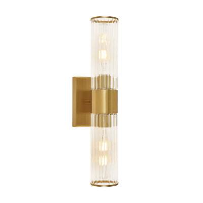 Dimmable 2-Light Bathroom Vanity Light – Distressed Aged Brass Finish with Clear Ribbed Glass Shades