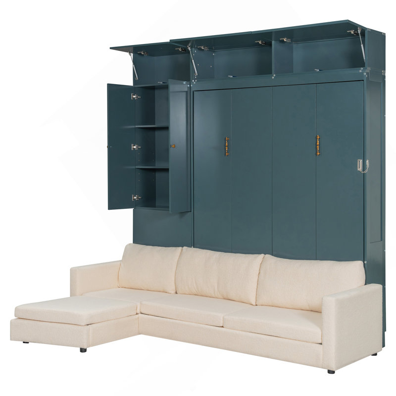 Grand lit escamotable mural avec canapé et tablettes, panneau vert, canapé beige, Vert
