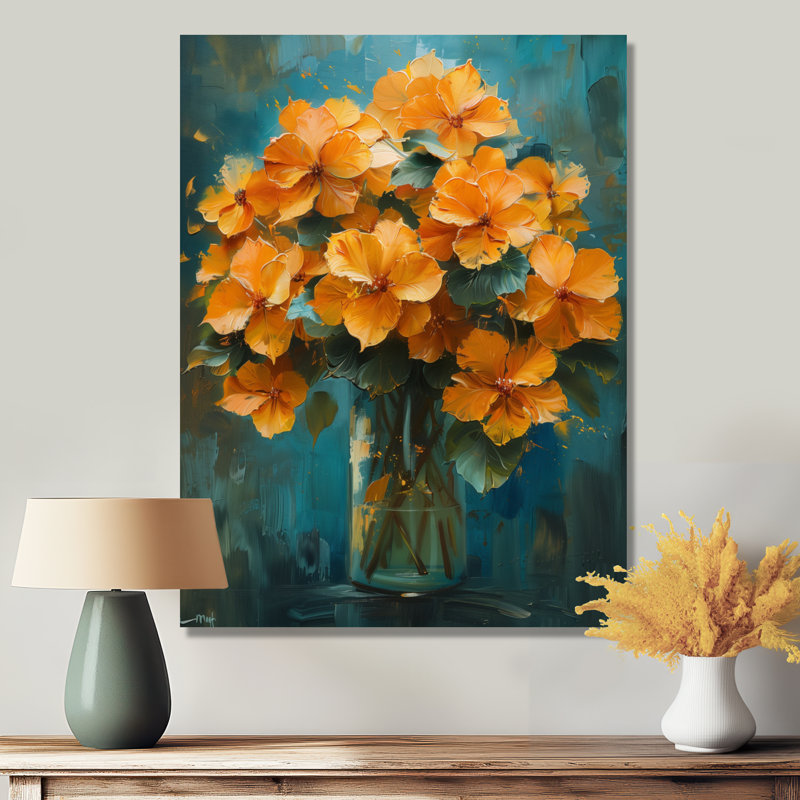 Hortensia orange et bleu qui fleurit en été I - impression d'art mural hortensia, Toile tendue, H 12 po x l 20 po