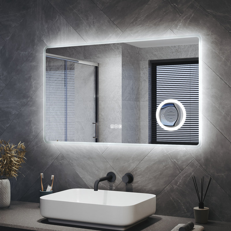 White Aluminium Framed Bathroom Mirror, Full Frosted Edge, Anti-Fog, Magnifier, Touch Dimmable LED &, 1000*600*35