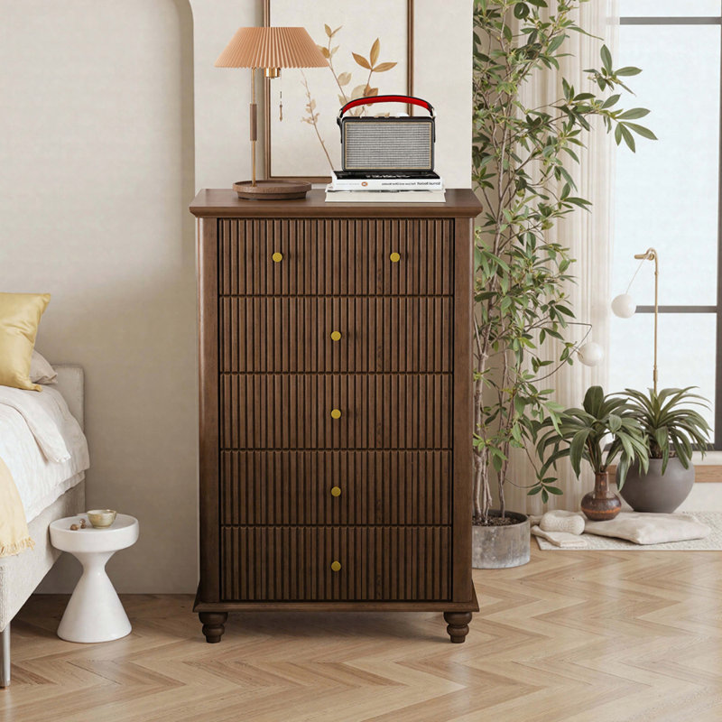 Kernie 45" Tall Fluted 5-Drawer Dresser Modern Wooden Chest Of Drawers With Metal Handles, Walnut