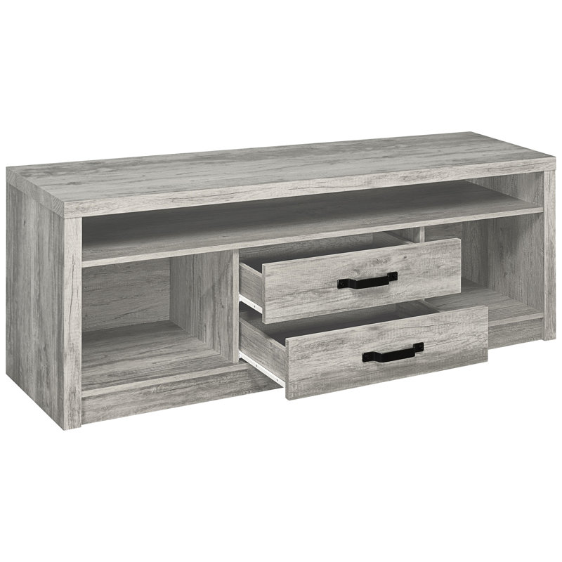 Meuble télé à 2 tiroirs en bois d'ingénierie avec une finition grise en bois flotté, double rangement pour espace de rangement, conception inspirée vieillie, utilisation durable, support polyvalent à profondeur de produit de 59 pouces, capture de bois