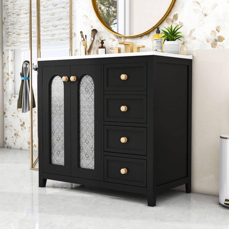 Meuble-lavabo autoportant simple en bois Dedrek avec portes en verre à motif et lavabo en céramique