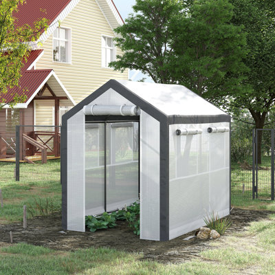 Walk-In Greenhouse 8x6x7.5 ft, Outdoor Gardening Canopy with 6 Roll-up Windows, 2 Zippered Doors & Weather Cover - White