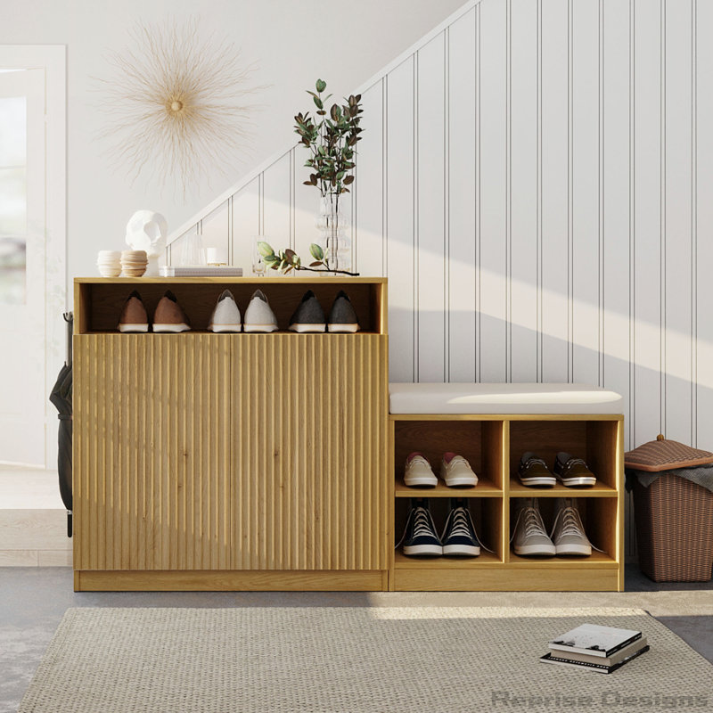U_Style Livingroom Cabinet with Shoe Bench, 2 Doors and 3-Tier Adjustable Shelves, Entryway Bench with 4 Open Shoe Racks and Removeble Cushion, Storage Console Table with Wavy Slatted Door and Hooks