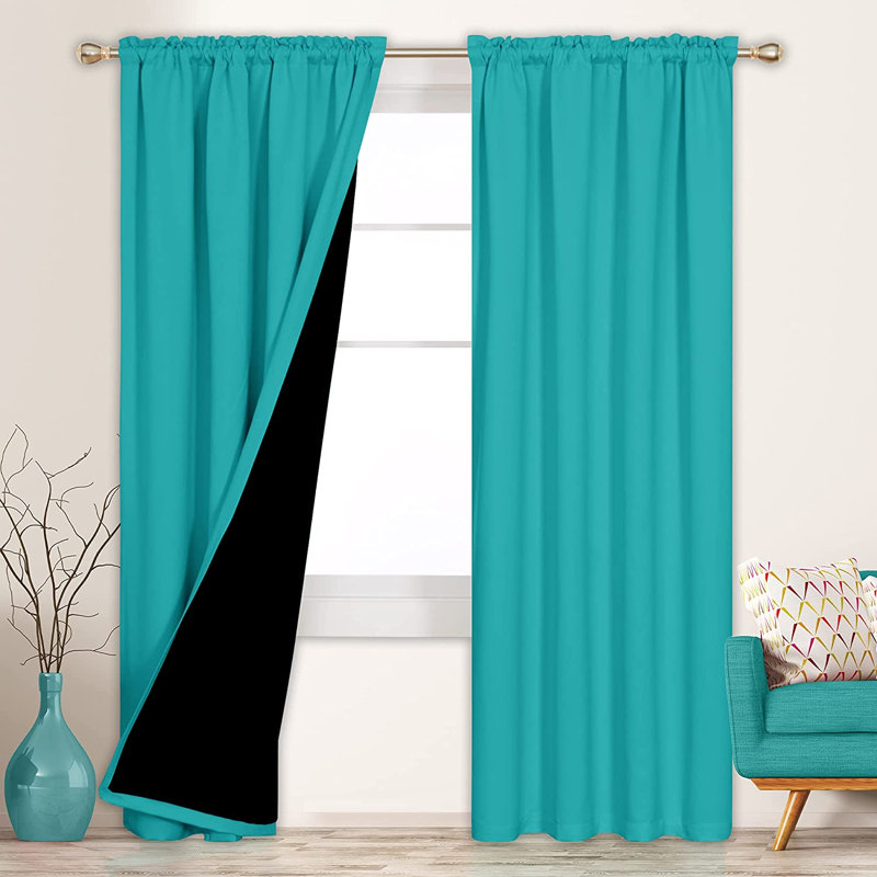Deconovo 100 Percent Blackout with Liner Rod Pocket Curtain Panel Pair, 52" W x 45" L, Teal