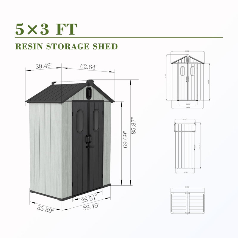 Abri de jardin avec fenêtres, aérations et double porte verrouillable, 85.87" H x 62.64" W x 39.49" D