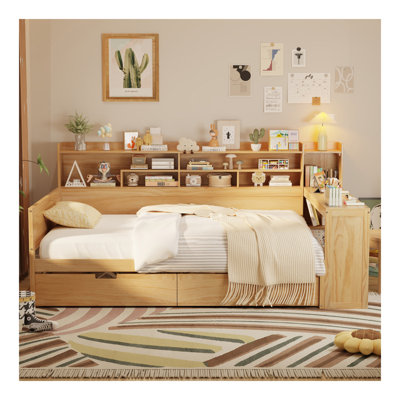 Wooden Full Size Daybed With Storage Shelves, Multi-Functional Bed With Two Storage Drawers And  Study Desk, Natural