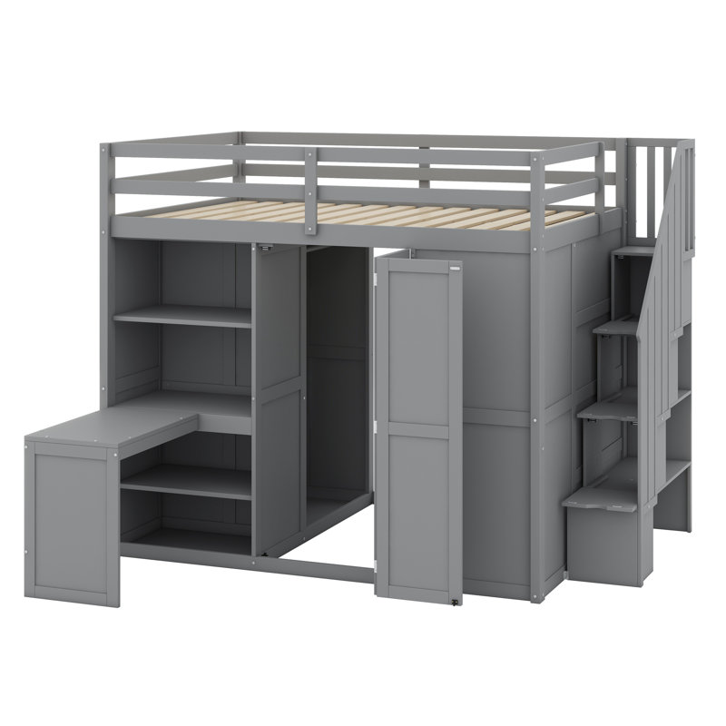 Lit mezzanine avec garde-robe, bureau et tablettes, Gris