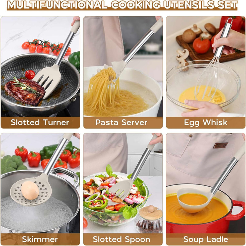 15 Pcs Silicone Cooking Utensil Set,stainless Steel Kitchen Utensils Set,non-stick Heat Resistant,khaki