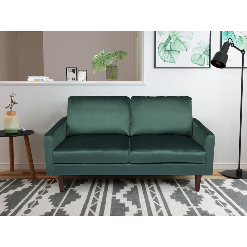 Causeuse à accoudoirs carrés, Velours vert, H 35 po x l 60 po x P 33 po