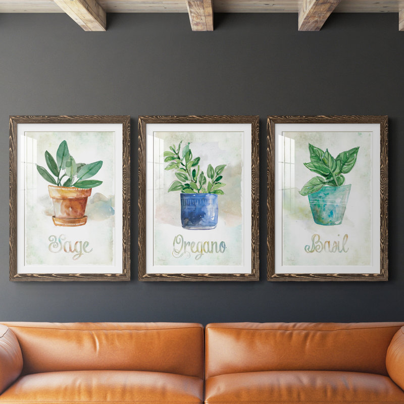 Basilic en pot - ensemble de 3 cadres photo, H 20 po x l 51 po x P 1,5 po, Noyer