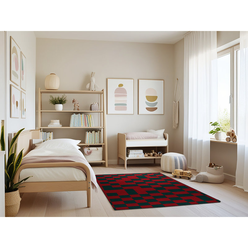 Machine Washable Checkered Green Area Rug, Rectangle 3' x 5'