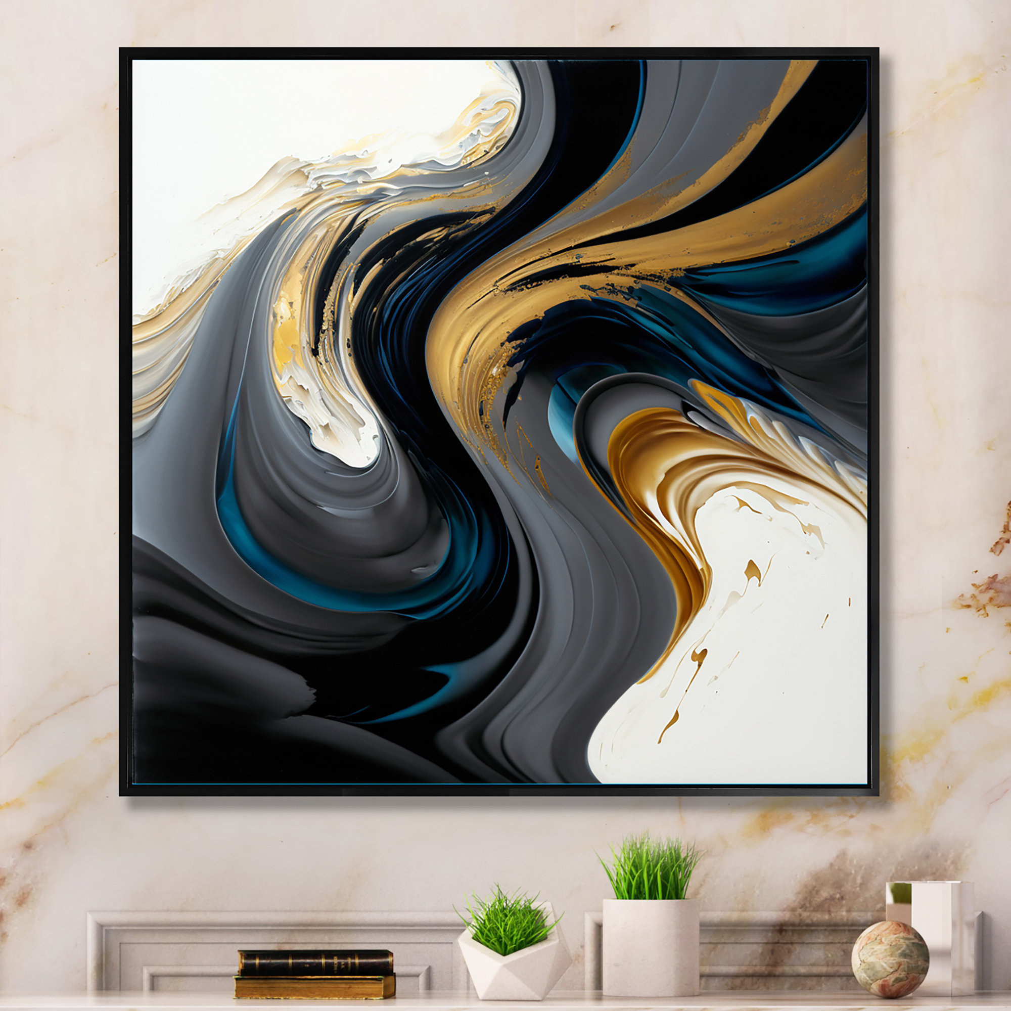 Wrought Studio Black, White And Gold Liquid Art IV On Canvas Painting ...