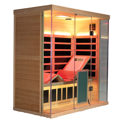Wizzisaunas Indoor Far Infrared Sauna for 3 Person, Red and Blue Light Therapy, 2150W/120V, Maximum Temperature 158°F, Hemlock Wood, Remote Temperature Control Via App, Tempered Glass Door, Built-In Bluetooth Speaker, Easy Assembly