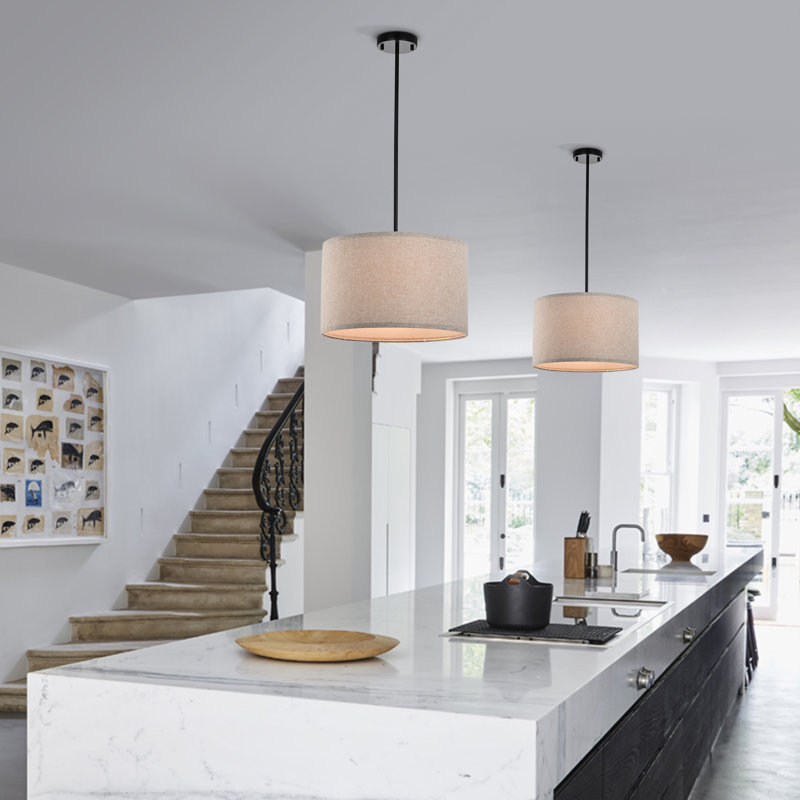 Lustre tambour moderne de style campagnard suspendu avec abat-jour en lin