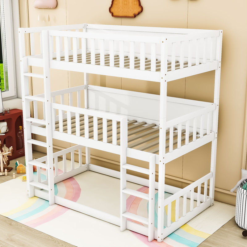 Kaio Twin Over Twin Over Twin Wooden Triple Bunk Bed With Ladders And Guardrails, White