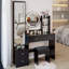 Armoire à miroir pleine grandeur + coiffeuse à miroir rond à DEL + tabouret rembourré, avec 2 centrales électriques + 2 centrales USB, miroir à DEL de 17 po de diamètre, commande tactile, 3 couleurs, luminosité réglable, grand bureau-1056059524