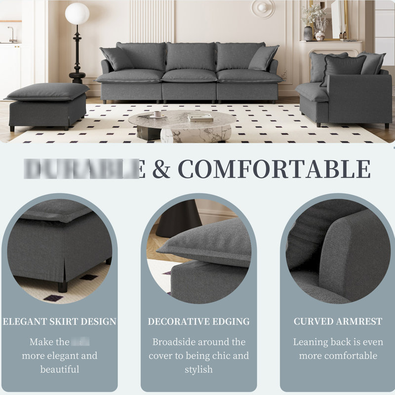 Canapé modulaire en chenille de 3 pièces en forme de L modulaire avec fauteuil, mobilier de 5 places pour bureau, chambre à coucher, appartement, élégant, gris, structure stable
