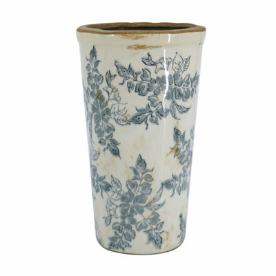 Cylindrical Ceramic Flower Vase With Wide Mouth, Vintage-Inspired Design For Versatile Tabletop And Mantel Display.