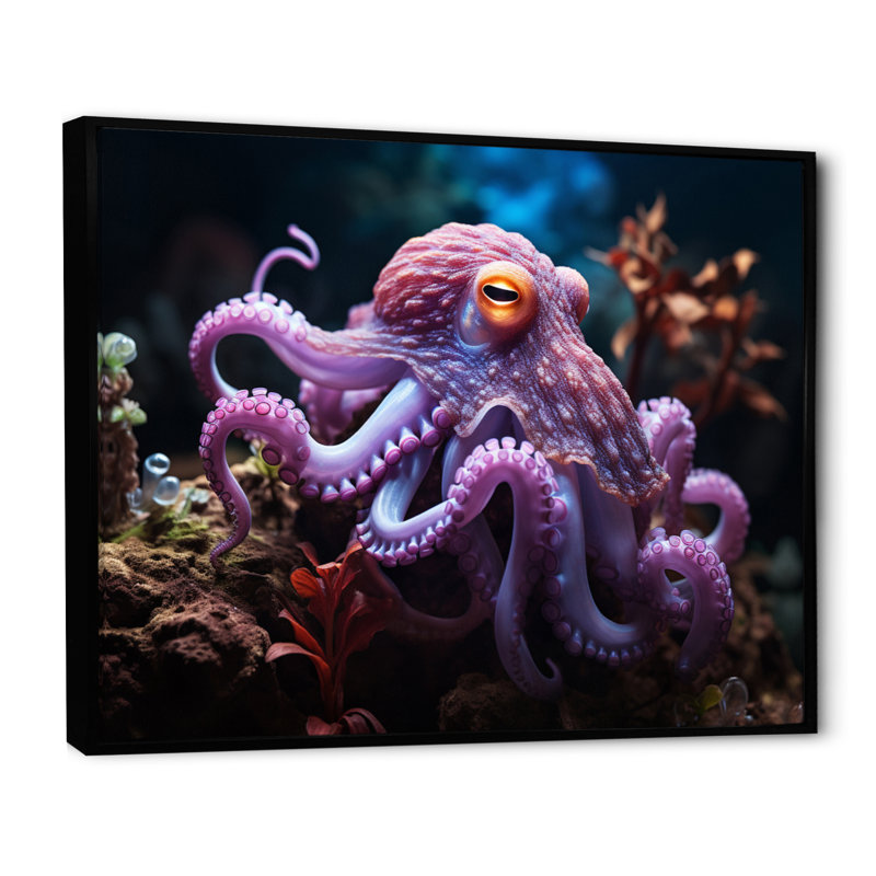 Pieuvre mauve, rencontre mystique sur toile, H 34 po x l 44 po x P 1,5 po, Cadre flottant noir