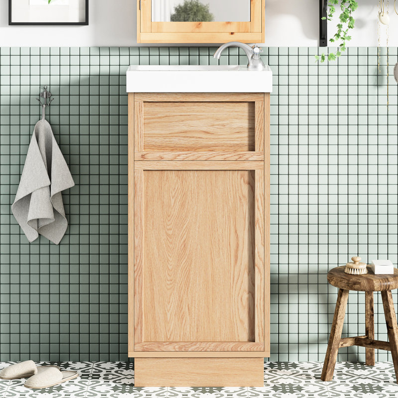 Meuble-lavabo rustique de 15,86 po avec lavabo réversible en résine, tablette réglable, porte à ouverture facile, fermeture en douceur, finition grain de bois pour meuble de rénovation à petite échelle