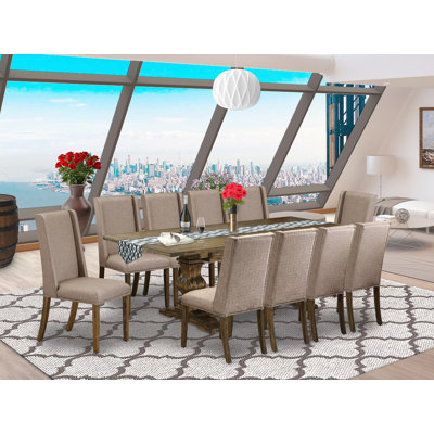 11 Piece Dining Table Set Includes a Rectangle Removable Leaf Table and 10 Dark Khaki Linen Fabric Upholstered Chairs, Distressed Jacobean