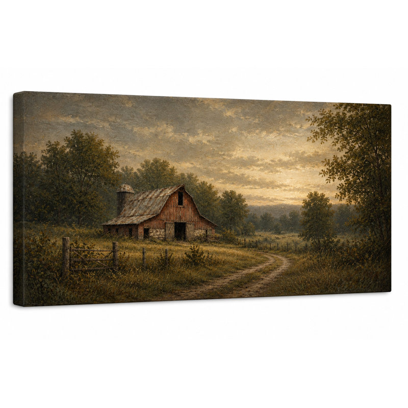 Tableau panoramique sur toile tendue représentant une grange rustique au coucher du soleil mélancolique