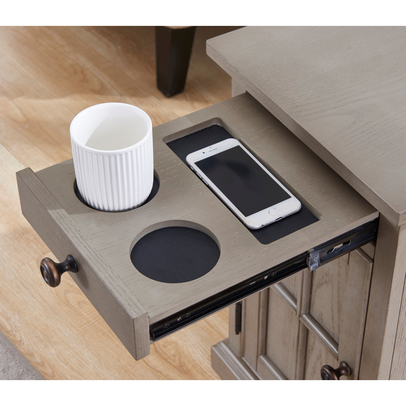 Saldana Solid Wood Top End Table with Storage and Built-In Outlets, Gray