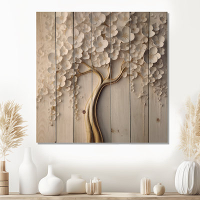 White Orchid Tree Garden of Branches VII - Tree Floral Print on Natural Pine Wood