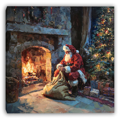 Santa by the Fireplace Christmas Eve Wrapped Canvas Wall Art