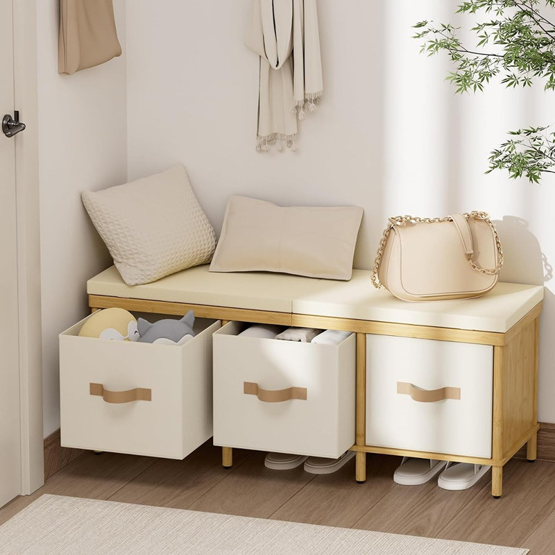 Banc de rangement en bambou avec assise rembourrée, 3 tiroirs, organisateur d'entrée pour chambre, garde-robe et couloir