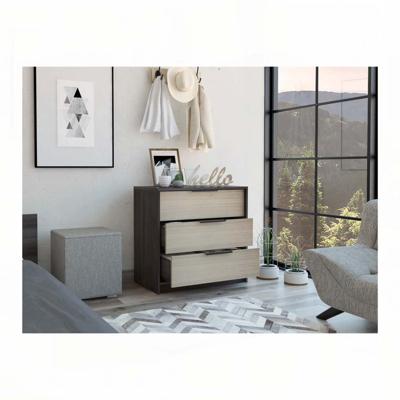 Commode 3 tiroirs Kaia, plateau supérieur - noir / pin