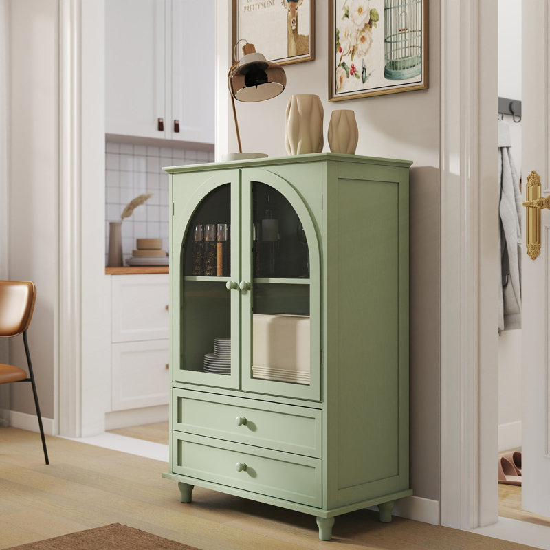 Buffet Farmhouse, buffet à porte arquée en verre trempé avec plateau à niveaux, garde-manger 2 tiroirs