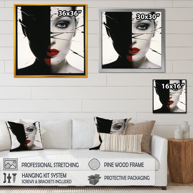 «Geometric Black and White Woman Collage I», reproduction sur toile, Cadre flottant noir, H 24 po x l 24 po x P 1 po