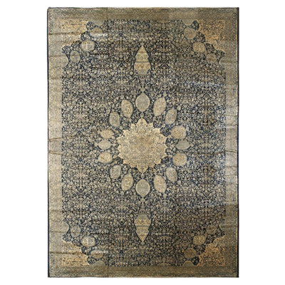 1920s Traditional Dark Blue Field Medallion Antique Indian Lahore Gallery Carpet