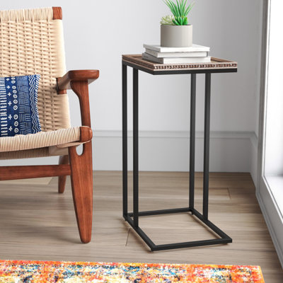 Edmundson Farmhouse C Table Couch End Table, Distressed Beaded Edge Tray Top Snack Side Table