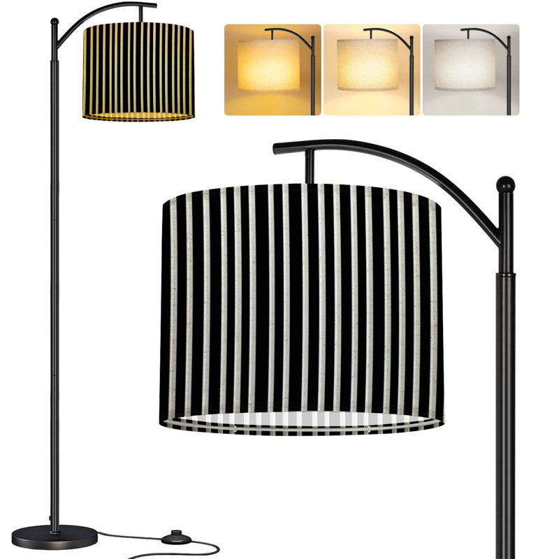  Arc Floor Lamp Striped black white Tall Modern Standing Lamp LED Adjustable Linen Lampshade 3 Color Temperatures