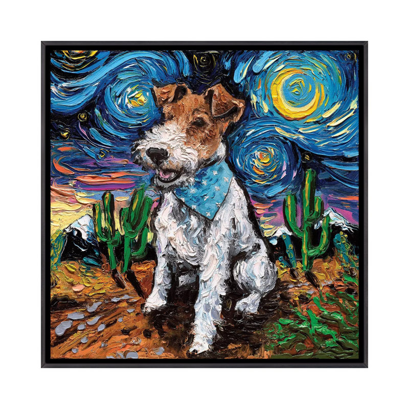 "Fox terrier Night" par AJA, reproduction d’art, Toile avec cadre noir patiné, Pas de tapis, H 37 po x l 37 po x P 1,5 po