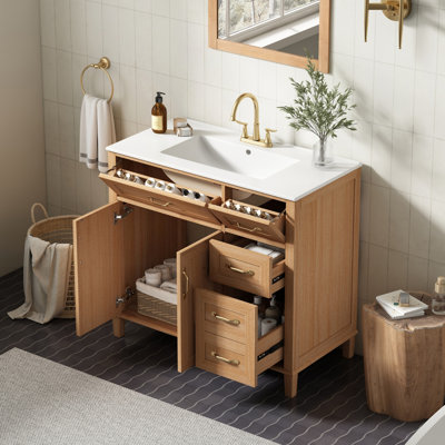 Meuble-lavabo moderne en bois naturel 36 po avec lavabo en céramique, portes et tiroirs à fermeture en douceur et pieds en bois d'hévéa massif